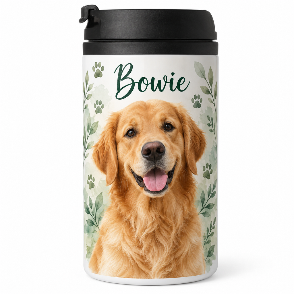 Drupp Travel Mug met een afbeelding van een golden retriever, de naam Bowie en groene blaadjes.