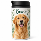 Drupp Travel Mug met een afbeelding van een golden retriever, de naam Bowie en groene blaadjes.