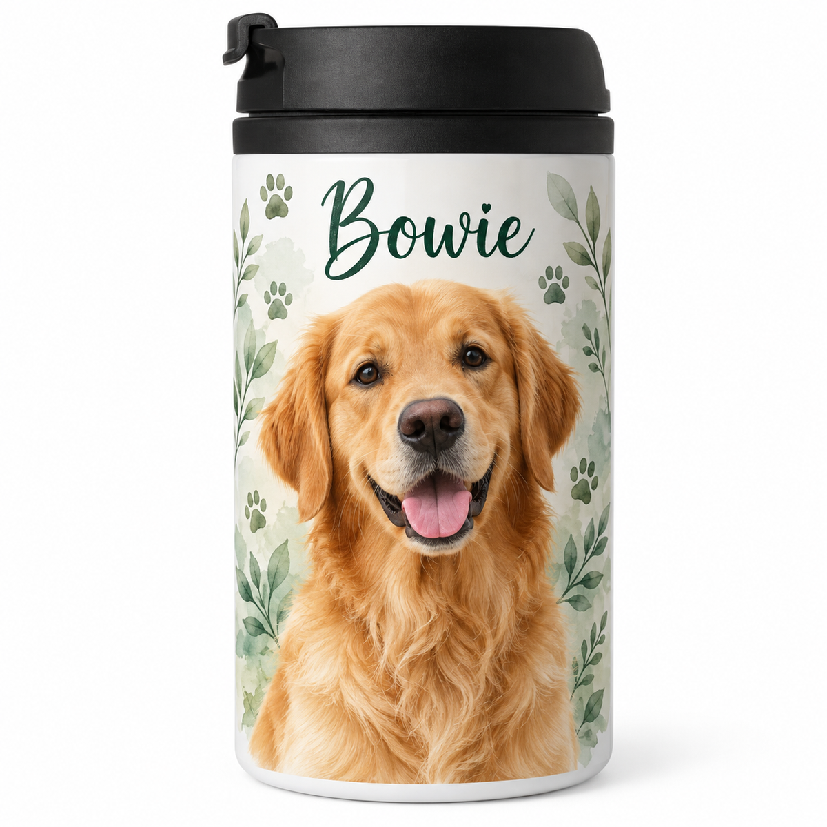 Drupp Travel Mug met een afbeelding van een golden retriever, de naam Bowie en groene blaadjes.