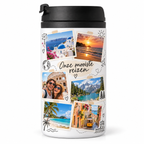 Drupp Travel Mug met een collage van vakantiefoto’s en de tekst ‘Onze mooiste reizen’